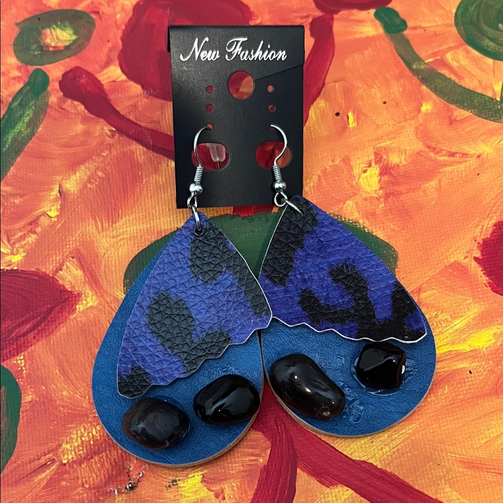 Blue and Black Leather Earrings